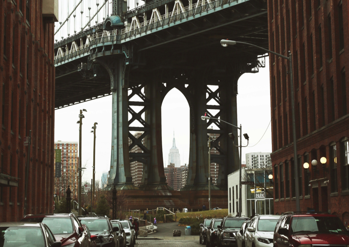 Looking up to the Manhattan Bridge, in New York City, New York.