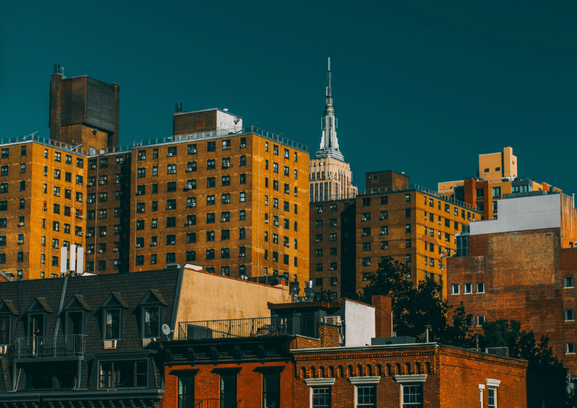 Aerial view of city buildings in New York City, New York.