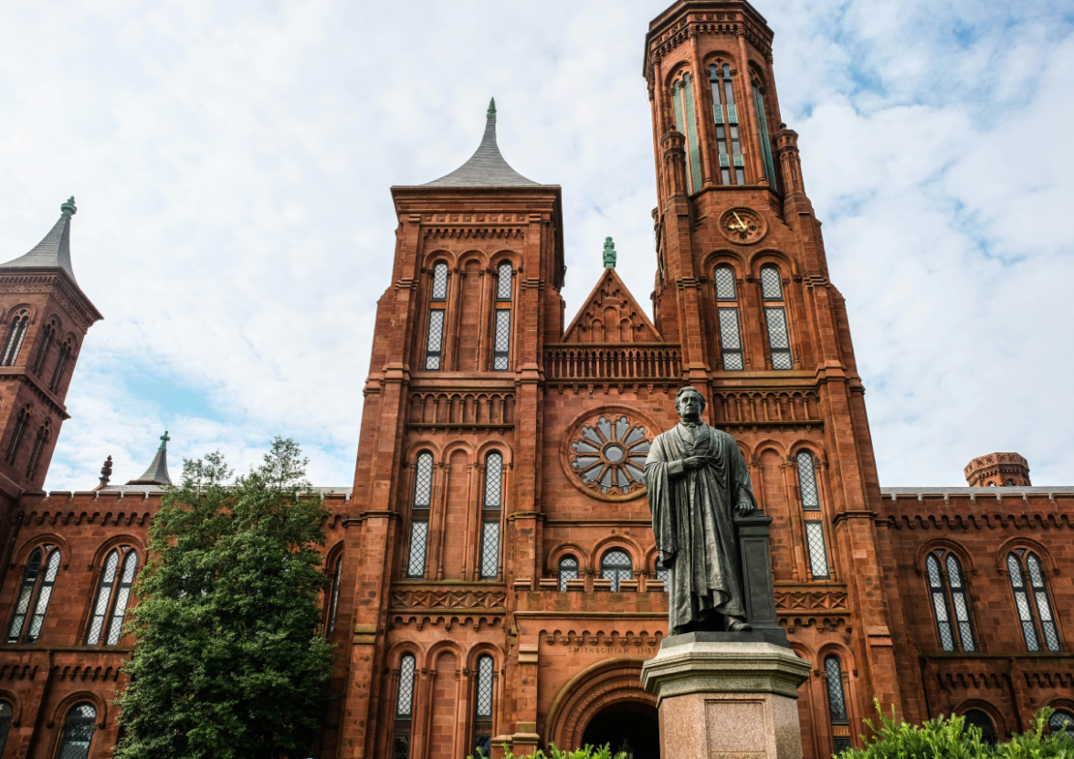 A view of the front of the Smithsonian Castle when arriving from The National Mall.