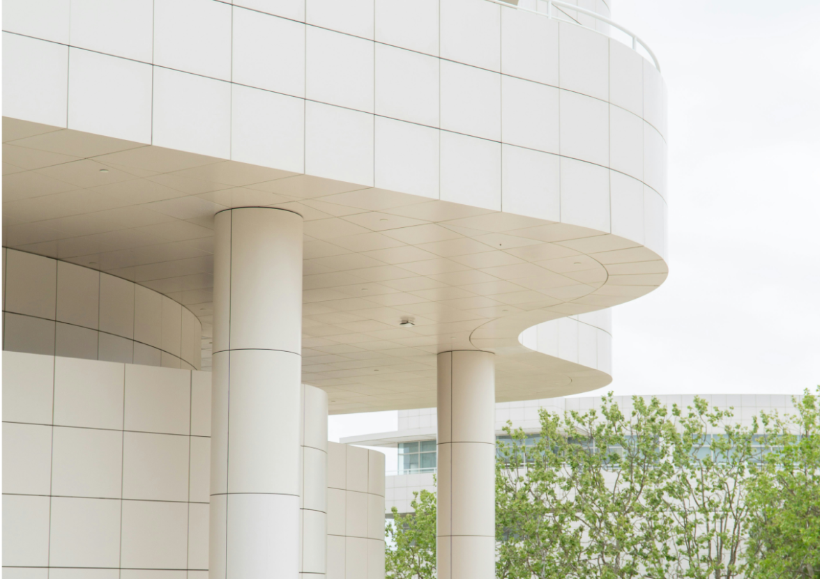 Curved lines form the white exterior of the Getty Museum in Los Angeles, California.