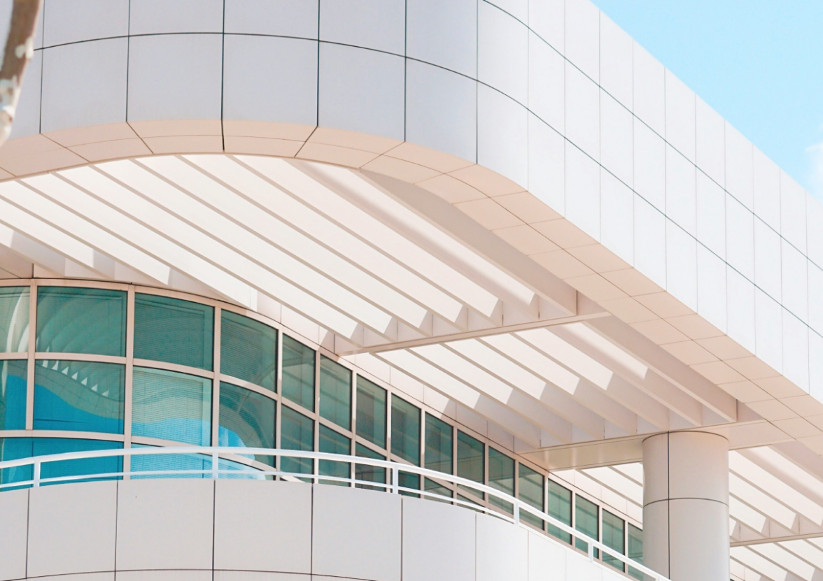 White tiles and coastal blue windows form the geometric exterior of the Getty Museum in Los Angeles, California.